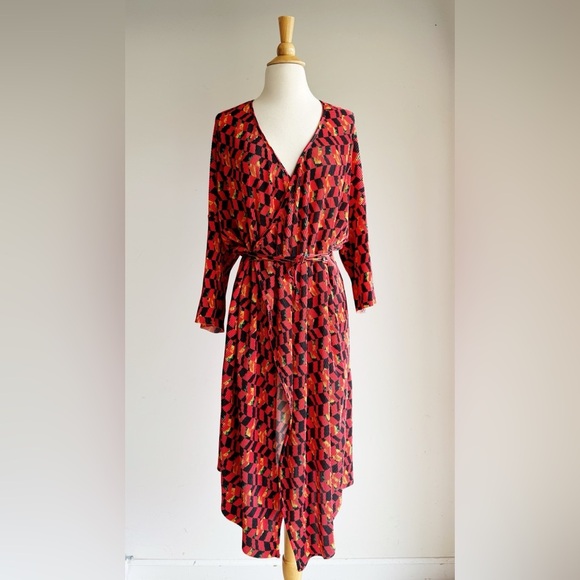 ZARA TRAFALUC Red and White Bold Pleated Wrap Dress Large - Picture 1 of 5